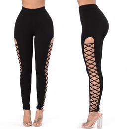 New Design Womens Sexy Bodyon High Waist Elastic 2 Sides Hollow Out Lacing Bandage Tunic Leggings Tights Pants Smlxl