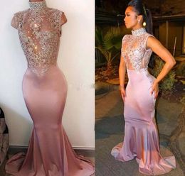 Sexy High Neck Shiny Prom Evening Dresses Mermaid Sleeveless Illusion Crystal Appliques Satin Pink African Black Girls Party Dresses Gowns