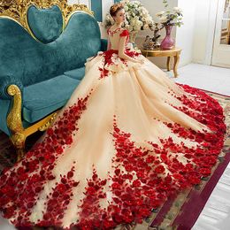 3D Flora Applique Prom Dresses 2018 Champagne And Red Ball Gowns Evening Gowns Peplum Sheer Back Covered Buttons Vintage Bridal Gowns