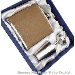 Leather Stainless Steel 6 Oz Hip Flask +blue Gift Box + Funnel+4 shot glass , Personalized logo is available ,,man's gift