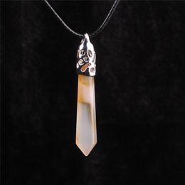 Lucky Amulet Spiritual Protection Natural Agate Crystal Point Pillar Silver Dipped Wand Pendant Necklace in Raw Cut Natural Agate Gemstone
