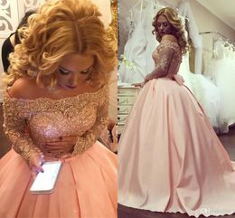 Long Sleeve Peach Lace Prom Dresses Bling Bling Sequins Beaded Formal Evening Dresses Graduation Gowns Off-Shoulder Illusion Party Dresses