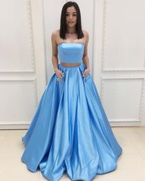 Light Sky Blue Two Piece Prom Dresses Strapless Crystal Satin Floor Length Ball Gown Prom Dresses With Pocket Zipper Up Back