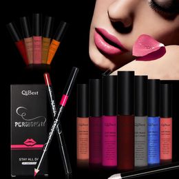 Wholesale- Waterproof Makeup Matte Velvet Liquid Lipstick Lip Gloss + Lip Liner Pen + Lip Brushes Makeup Sets Long Lasting Cosmetics