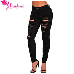 Wholesale- Dear Lover Fashion Casual Black Denim Destroyed Hole High-waist Skinny Jeans Pencil Ripped Pants Trousers Womans Calcas Lc78646