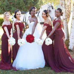 Hot Sale Burgundy South African Bridesmaid Dresses 2017 Mermaid Off The Shoulder Beaded Satin Wedding Guest Dress For Women