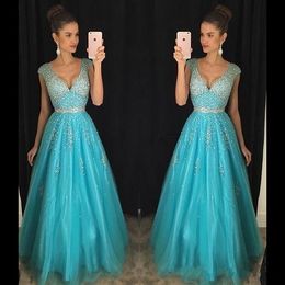 2020 New Sexy Ice Blue Prom Dresses V Neck Cap Sleeves Bling Crystal Beaded Tulle Long Backless Formal Evening Party Gowns Pageant Dresses