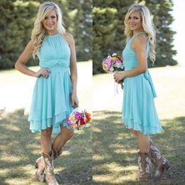 2019 New Hot Sale Country Style Turquoise Bridesmaid Dresses Crew Neck Ruffled Chiffon Mini Dress Beach Wedding Party Dresses 099