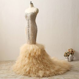 Luxury Crystals Beading Mermaid Wedding Gowns Sweetheart Corset Back Ruffles Skirt Feather Wedding Dresses Bridal Gown