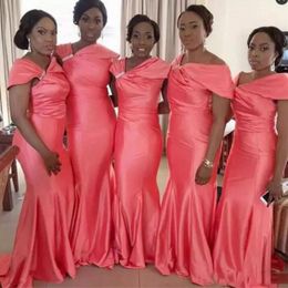 African Satin Long Bridesmaid Dresses Water Melon Colour Ruffles Neckline Mermaid Maid Of Honour Gowns Wedding Formal Party Dresses For Women