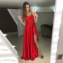New Custom Made Scoop Neck Red Evening Dress with Slit High Quality Party Gowns for Teens