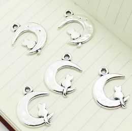 150pcs/lot Antique Silver Plated Moon Cat Charms Pendants for Jewelry Making DIY Handmade Craft 17*24mm