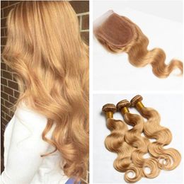 Brazilian Honey Blonde Body Wave Hair Weaves With Lace Closure 27 Strawberry Blonde Human Hair Bundles With Three Middle 3 Part Top Closure