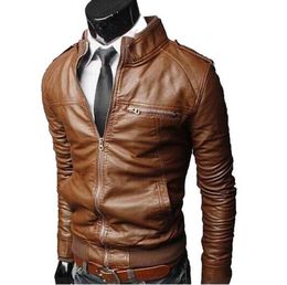 Wholesale- 2016 top Male leather fashion zipper leather clothing male casual stand collar water wash motorcycle leather jacket men