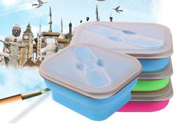 Foldable Silicone Lunch Boxes with Fork Collapsible Lunch Box Food Safe Container Silicone Lunch Boxes For Microwave