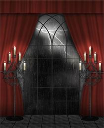 Halloween Photography Backdrops Vintage Printed Red Curtain Candles Lightning Rainy Night Photographic Background Studio Picture Shoot Props