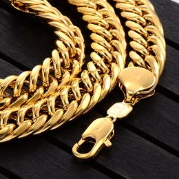 Epacket FREE SHIPPING Mens Miami Cuban Link Curb Chain 24k Yellow Solid Real Fine Gold GF Necklace Hip Hop 11MM Thick Chain JayZ round edge