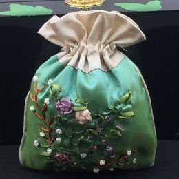 Patchwork Handmade Ribbon Embroidered Pouch Chinese Ethnic Drawstring Jewelry Gift Pouches Satin Cloth Lavender Spices Storage Bag