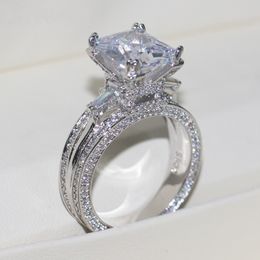 Vecalon Women Big Jewellery ring Princess Cut 10ct Diamond stone 300pcs Cz 925 Sterling Silver Engagement Wedding Ring Gift