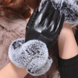 2017 Winter Warm Faux Rabbit Fur PU Leather Gloves Touch Screen Texting Fleece Lined Mittens For Women
