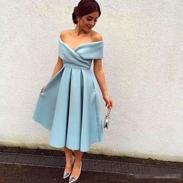 Sky Blue Off The Shoulder Tea Length Evening Dress Pleated Satin Zipper Grom Party Gown Bridesmaid Dress Formal Wear