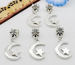 100Pcs/lot Tibetan Silver Moon Star Charms Dangle Beads pendant Bracelet for Jewelry Making 30x14mm