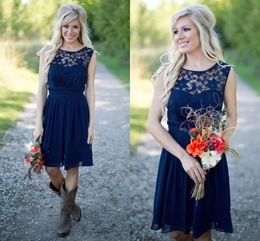 Country Navy Blue Chiffon Lace Bridesmaid Dresses For Weddings Backless Knee Length Modest Plus Size Maid of Honor Dresses