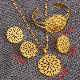 Ethiopian Fine Jewellery set Pancake 24k Real Yellow Solid Gold GF Pendant Chain Earring Ring Bangle Big Flower Jewellery Eritrea Habesha Wedd