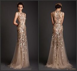 New Gold Mermaid Shape Tulle Sheer See Through Appliques Prom Dress Emboridery Long Formal Dubai Gowns Krikor Jabotian Evening Dresses 201