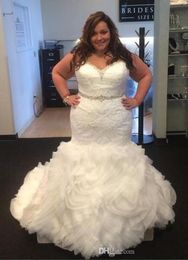 Mermaid Wedding Dresses Sweetheart Lace Appliques Crystal Beaded Sweep Train Tiered Ruffles Plus Size Formal Bridal Gowns 403