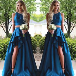 Fashion Two Piece Prom Dress Sexy A-Line Jewel Neck Sleeveless Ruched Split Party Dress 2017 Cheap Custom Made Satin Celebrity Evening Gowns