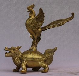 Chinois Fengshui Laiton Champion Du Poulet Et Dragon Tortue Statue