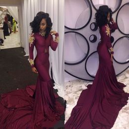 2017 Latest South African Burgundy Mermaid Long Prom Dresses Sexy Evening Gowns High Neck Golden Appliques Celebrity Party Reception Dresses