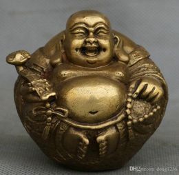 Chinese Pure Copper Happy Laugh Maitreya Buddha Ruyi Yuanbao Wealth Coins Statue