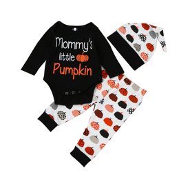 Newborn Clothes Baby Clothing Sets Halloween Costumes Pumpkin Printed Long Sleeve Bodysuit Romper Pants Hat 3Pcs Sets Baby Outfits