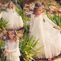Vintage Flower Girl Dresses Long Sleeves Modern Cheap Full Lace Pageant Gowns Age 14 A Line White Girls Dress