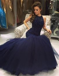 Navy Mermaid Prom Dresses Major Beading Fitted Graduation Dresses Layered Tulle Sleeveless formal evening gowns Reception Pageant Gowns