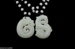 China Natural Nephrite White Jade Dragon Phoenix Lovers A pair pendant necklace