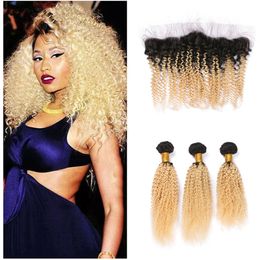 Two Tone 1B 613 Dark Root Ombre Virgin Human Hair Bundles Afro Kinky Curly With 13*4 Blonde Ear to Ear Lace Frontal Closure