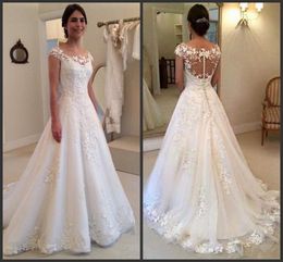 2018 A Line Wedding Dresses Cheap Lace Appliques Illusion Cap Sleeves Sweep Train Country Button Back Formal Vestidos Bridal Gowns Custom