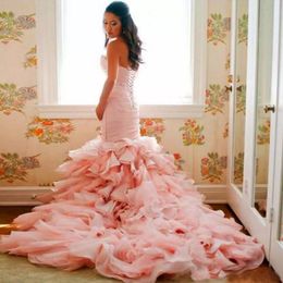 Stunning Colourful Pink Mermaid Wedding Dress Sweetheart Sleeveless Ruched Ruffles Corset Bridal Gowns Ruffles Skirt Custom Made