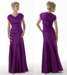 Purple Mermaid Modest Bridesmaid Dresses Long With Short Sleeves V Neck Cap Sleeves Winter Satin Pleats Bridesmaids Dresses