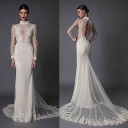Long Berta Mermaid Sleeve Wedding Dresses Lace Applique High Neck Beads Hollow Back Sexy Illusion Fishtail Bridal Gowns