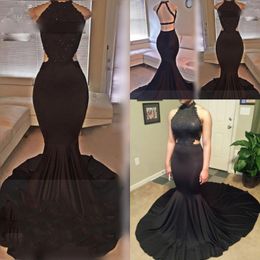 Sexy Black Halter Mermaid Long Prom Dresses 2017 Lace Sequins Beaded Backless Evening gowns satin sweep train cheap Formal Party Dresses