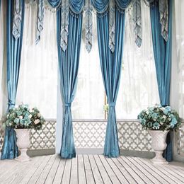 Indoor Balcony Backgrounds for Photo Studio Wedding Blue Curtains Vases with Flowers Hollow Fence Window Photography Backdrops Wood Floor