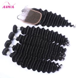 5Pcs Lot Peruvian Deep Wave Curly Virgin Hair With Closure Top Lace Closure With 4 Bundles Unprocessed Peruvian Deep Curly Human Hair Weaves