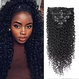 Clip in Human Hair Extensions Full Head 7 Pieces Set Long Curly Wave 100g 14''-22'' Nature Black Silky for Black Women