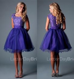 Purple Short Modest Cocktail Dresses With Cap Sleeves A-line Knee Length Crystals Juniors Short Prom Party Dresses With Sleeves Lace-Up