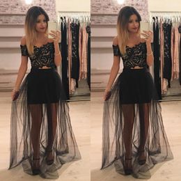 Cheap Black Lace Off Shoulder Sheer Tulle Skirt Two Pieces Prom Dresses Long Sexy Formal Dresses Party Evening Gowns Custom Made EN11022
