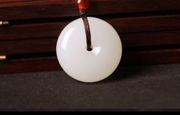 Hand-carved, xinjiang hetian white jade peace button (safety). Lucky necklace pendant.